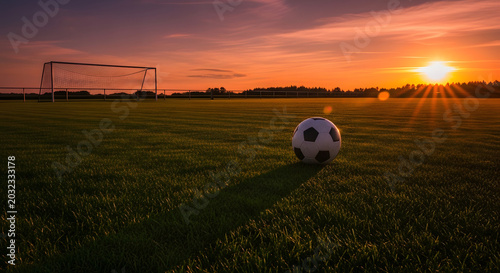 Soccer ball rests on lush green field at sunset near goalpost