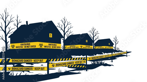 Photos Quarantined houses surrounded by biohazard warning tape in a desolate landscape