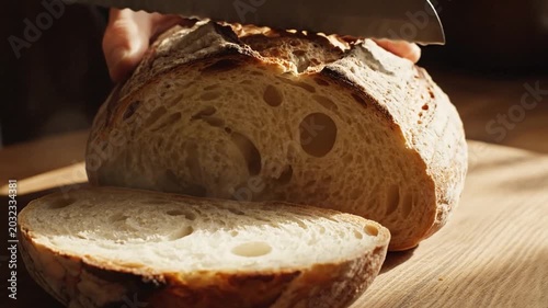 Hand slicing fresh sourdough bread loaf