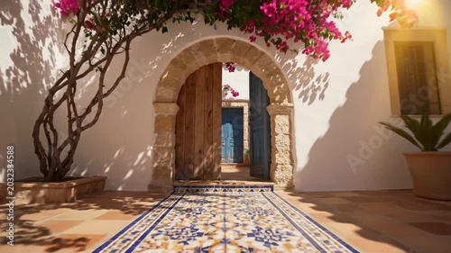 Ornate Courtyard with Bougainvillea and Tiled Pathway