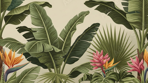 Tropical Botanical Pattern with Banana Leaves and Exotic Flowers