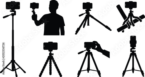 Cuadro en lienzo Person using smartphone with camera and tripods