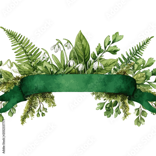 Lush green foliage, delicate white blooms, and a forest-green banner