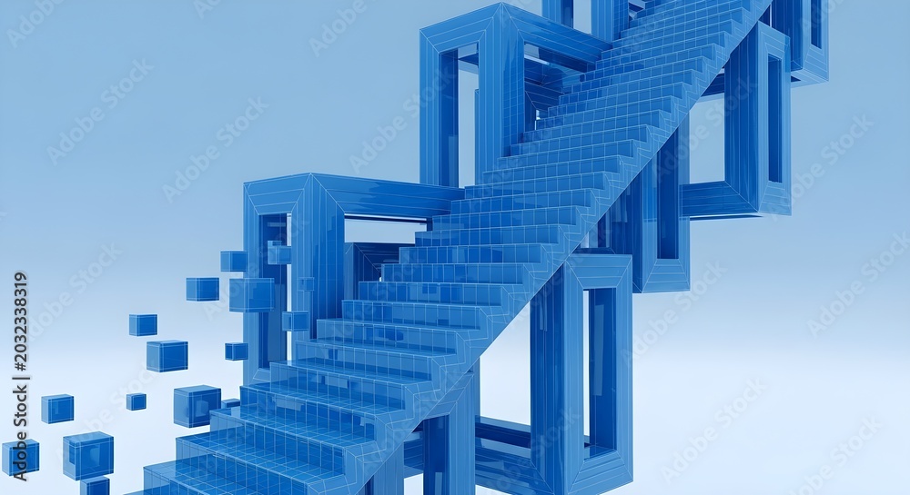 Fototapeta premium Abstract stairway construction with floating blocks in a surreal blue environment, illustrating architectural concept and 3D design