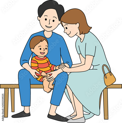 Happy young family sitting on a bench together