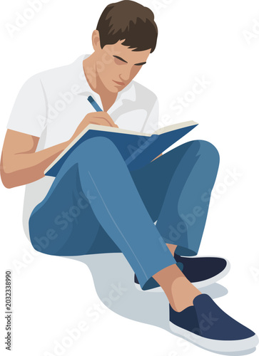 Young man writing in a notebook sitting on the floor