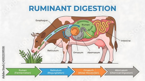 Ruminant Digestion Process in a Cow Illustration Showing the Four Stomach Compartments and Food Path for Educational Purposes