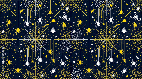 Bild auf Leinwand Gold spiderweb and celestial stars seamless pattern design.