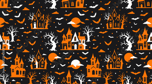 Cuadro en lienzo Seamless Halloween pattern with haunted houses bats ghosts and pumpkins