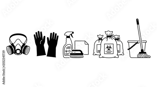 Schilderij op canvas Set of cleaning and hazardous waste disposal equipment icons.