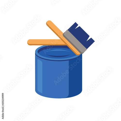 A flat vector illustration of a blue paint can with a paintbrush resting on top.