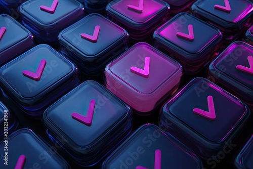 Rows of glowing pink checkmarks on dark, squared buttons