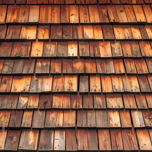 A close-up view of overlapping wooden shingles