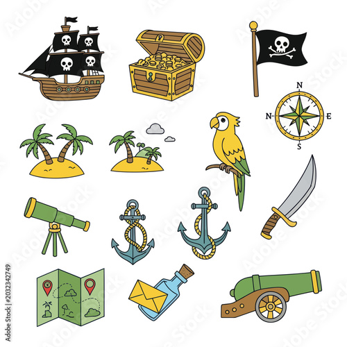 Fotografi Pirate Treasure Map Adventure Icons: Ship, Chest, Parrot, Compass, Cannon
