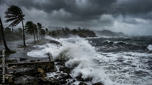 Dramatic hurricane storm surge hitting a tropical coastline
