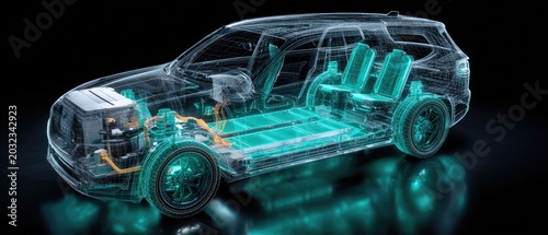 Transparent vehicle chassis reveals electric powertrain, battery, and interior