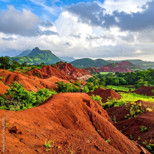 A landscape of red soil hills and green trees under a cloudy sky