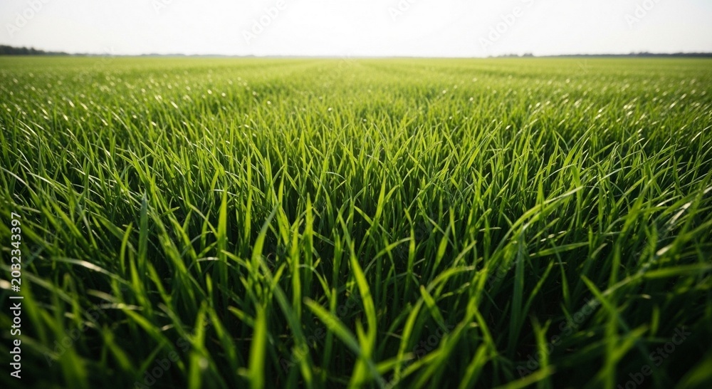 Obraz premium Vibrant green grass field stretching to the horizon on a sunny day outdoors