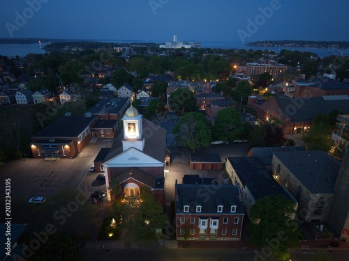 Salem MA Sunset Drone Aeriel: 360 Panoramic View of Historic Cityscape, Golden Hour Harbor, Coastal Massachusetts & Downtown Lights. Atmospheric New England Twilight Aerial B-Roll Stock Footage