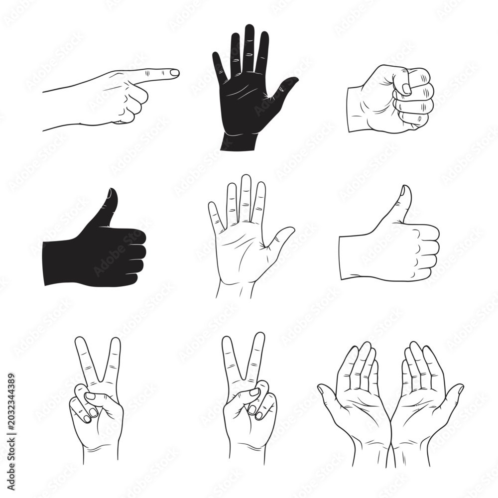 Fototapeta premium Set of Hand Gestures Icons: Pointing, Thumbs Up, Peace, Fist, Open Palms