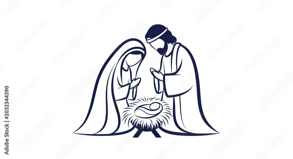 Obraz premium Simple Nativity Scene Illustration: Mary, Joseph, and Baby Jesus in Manger