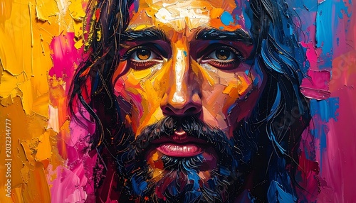 A colorful, impressionistic portrait of a man with long hair and beard