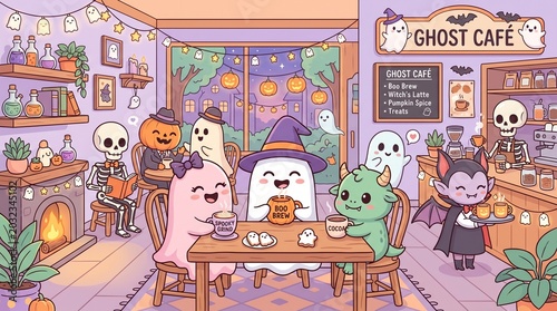 Delightful cartoon spirits and friendly monsters enjoy hot drinks in a charming, spooky-themed autumn cafe scene