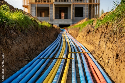 Installation of underground PVC sewage pipeline during residential house construction, featuring trench excavation, sanitation infrastructure, drainage engineering, industrial plumbing system, and cop