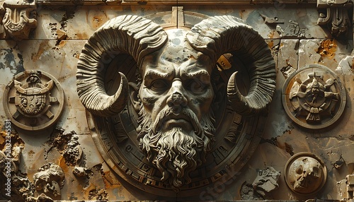 A stone carving of a horned face with a beard on a wall