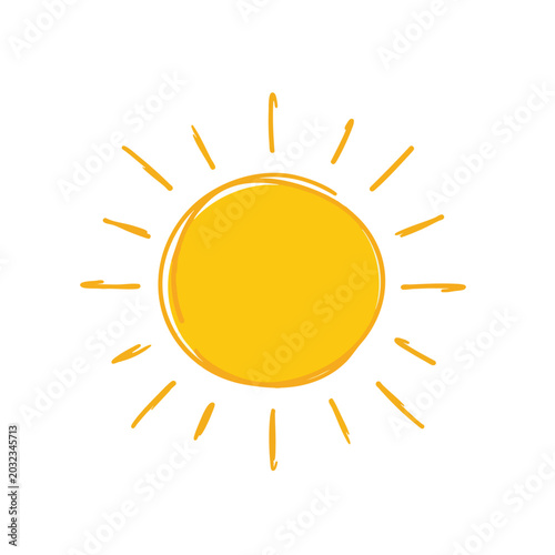 Hand drawn yellow sun doodle icon on white background.
