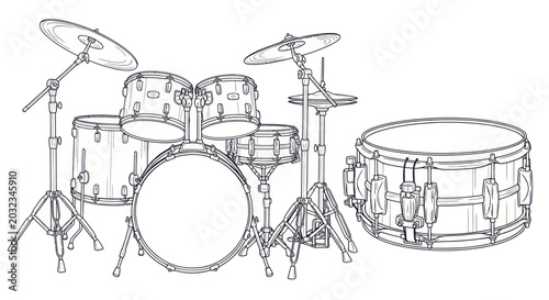 Photos Drum Kit Illustration Line Drawing Music Instrument Isolated White Background