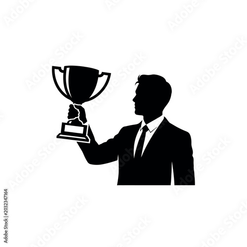 Εκτύπωση καμβά Silhouette of a businessman holding a trophy aloft in celebration of success