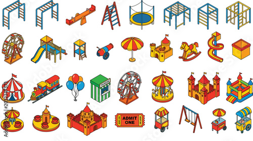 Fotografie Isometric Amusement Park and Playground Equipment Icon Set Featuring Ferris Whee