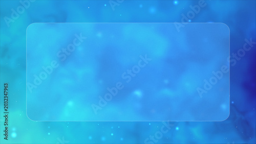 Abstract blue liquid fluid background with frosted glassmorphism card frame and sparkling particle dust