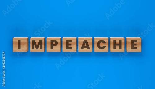 Konstfotografi Impeach Wooden Blocks: The word IMPEACH spelled out in wooden blocks with black letters against a vibrant blue background