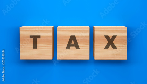 Quadro su tela Tax Blocks: Three wooden blocks spelling out TAX are displayed prominently on a vibrant blue background, representing financial obligations and responsibilities