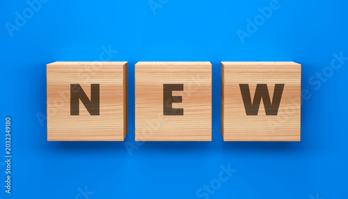 Obraz na płótnie Wooden Blocks Spell Out NEW on Blue Background: Three simple wooden blocks, each displaying a letter, spell out the word NEW against a vibrant blue background, symbolizing a fresh start or innovation