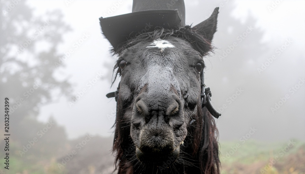 Fototapeta premium Horseman in Dark Creepy Scene Glimpse Through Fog