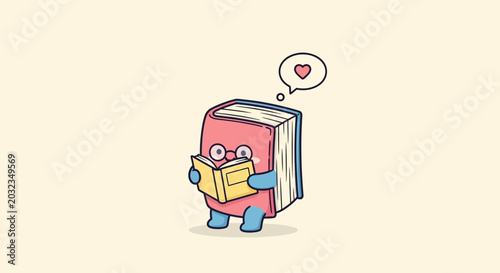 Tableau sur toile Cute Cartoon Book Character Reading a Small Book with Love Heart