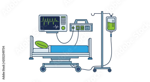 Hospital Bed with Medical Equipment and IV Drip - Illustration