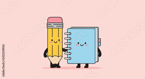Foto Cute Cartoon Pencil and Notebook Characters Best Friends