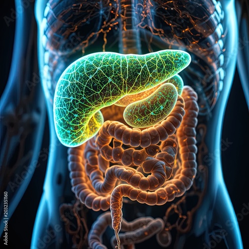 Digital visualization shows human internal organs highlighting the liver and digestive system with a glowing effect.