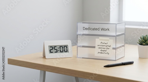 Minimalist office timer and dedicated work container on desk