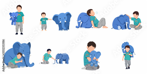 Canvas Print Set of illustrations featuring a young boy and his blue toy elephant, depicting