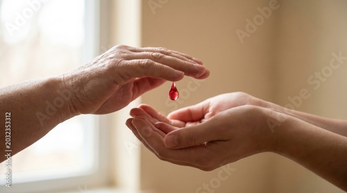 Two Hands Exchanging a Red Blood Drop