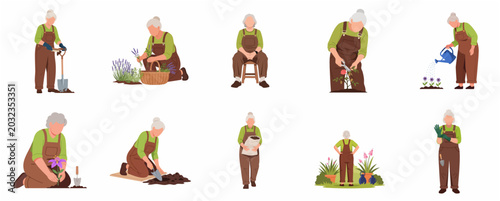 Photos Senior Woman Gardening Character Set, Elderly Lady Planting Flowers and Watering
