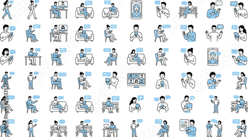 Foto Remote work and online communication people collection with video calls messagin