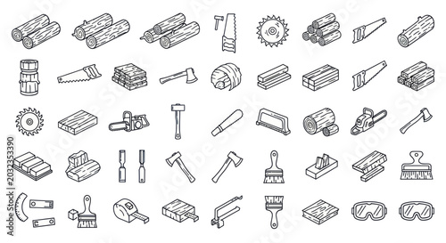 Tableau sur toile Woodworking Tools and Materials Icons Set: Lumber, Saws, Axes, Chisels, Safety G