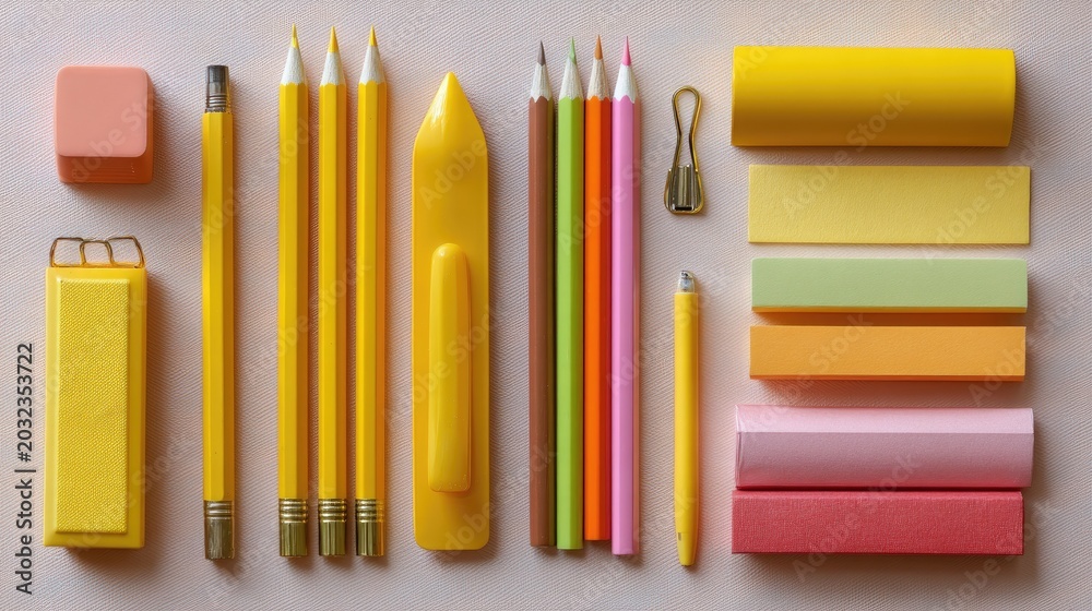 Fototapeta premium Vibrant Yellow and Colorful Stationery Items for Creative Moments and Organized Workspaces