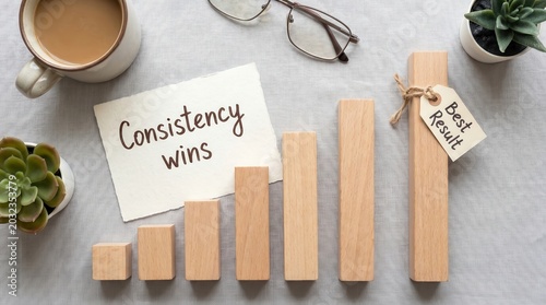 Wooden blocks forming upward graph with 'Consistency wins' note